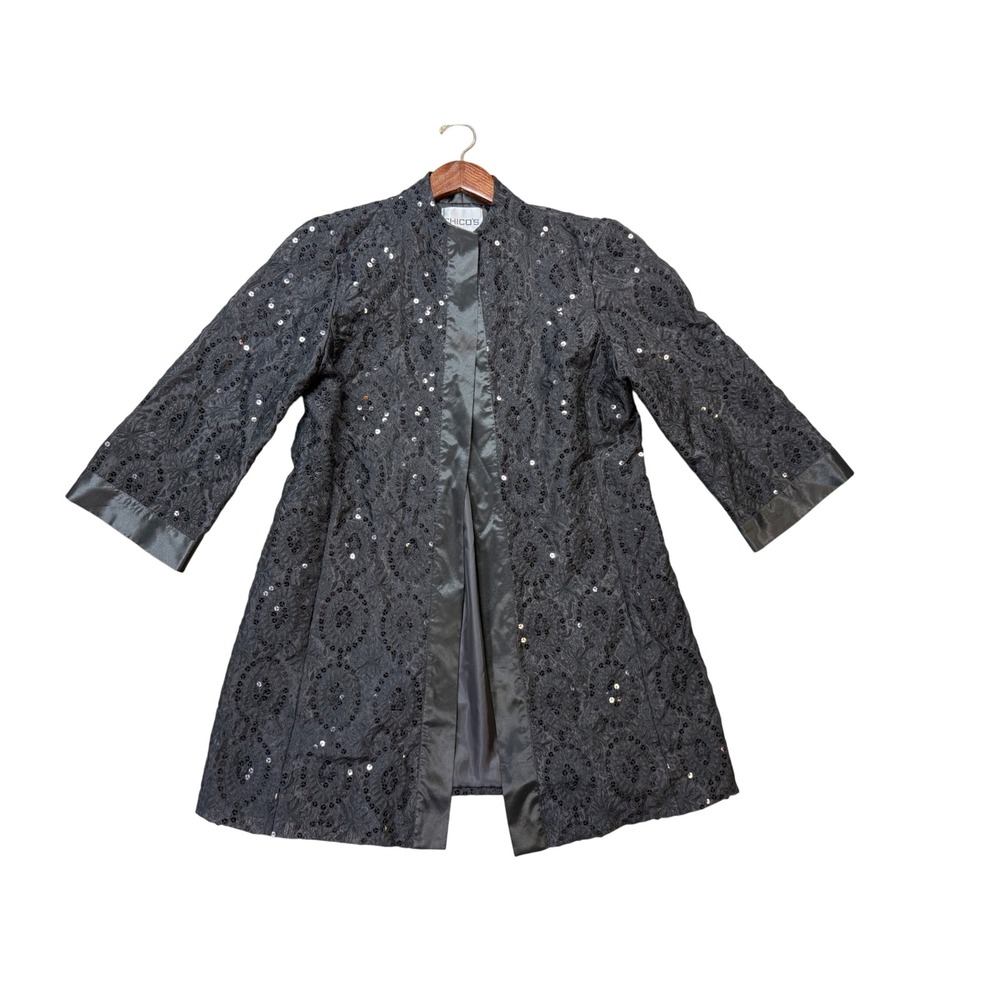Chico's Nalaine Jacket Womens 2 Black NWT Sequin Spangle Organza 3/4 Sleeve New